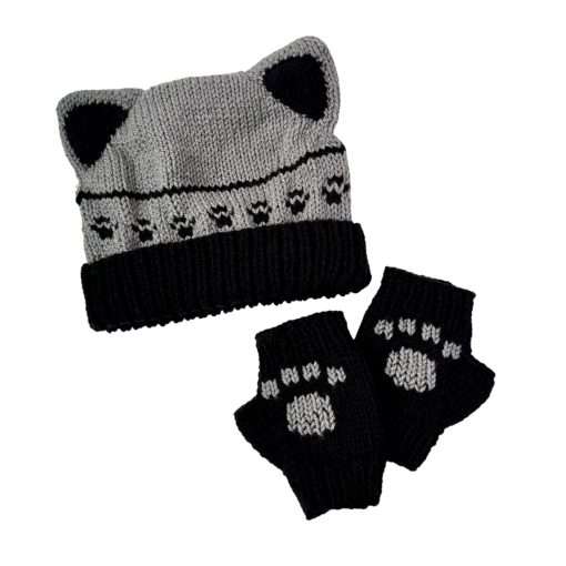 Midnight & Shadow Winter Cat Beanie and Paw Glove Set