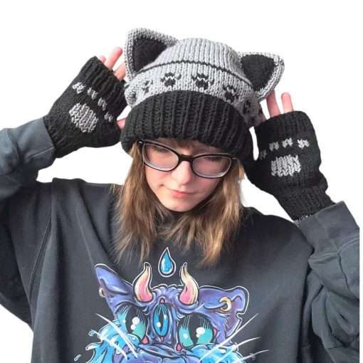 Midnight & Shadow Winter Cat Beanie and Paw Glove Set